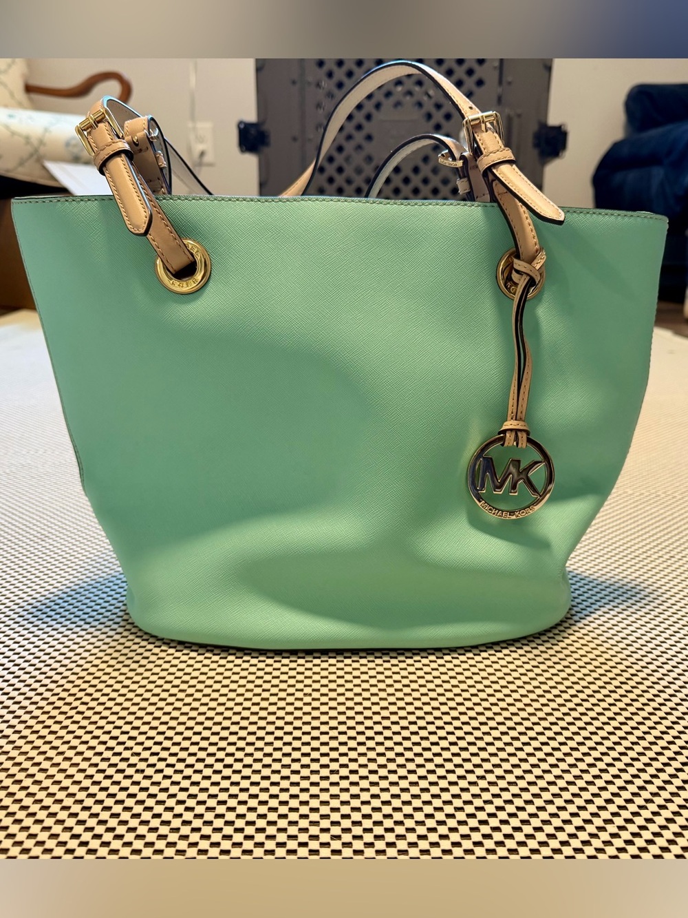 Michael Kors Teal Jet Set tote (Saffiano leather w/ Tan Handles & Gold Hardware